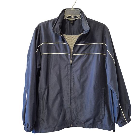 Tek Gear Mens Large Windbreaker Jacket Full Zip Hidden Hood Navy Blue - Picture 2 of 16